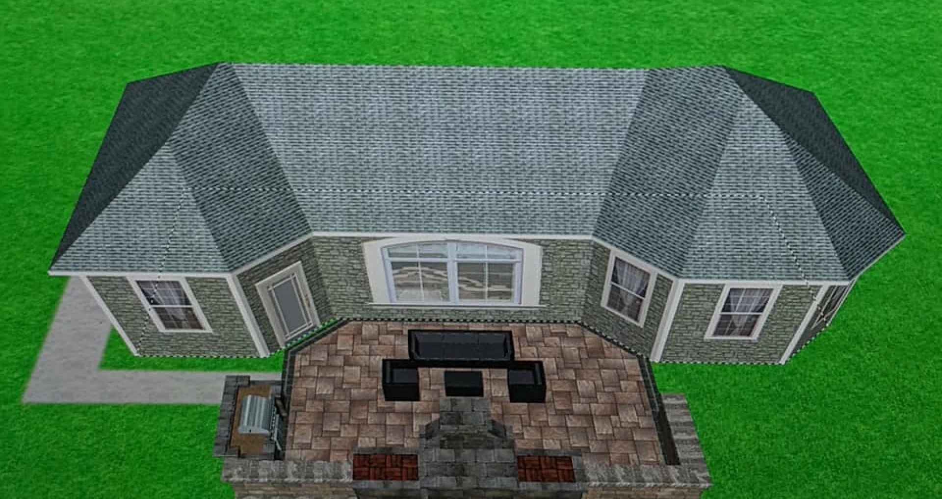 3d model of a grey house with a light grey roofing patio around and an outdoor kitchen